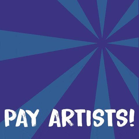An animated gif with a fist holding an paintbrush bursting through the bottom and the words "Pay Artists" at the bottom
